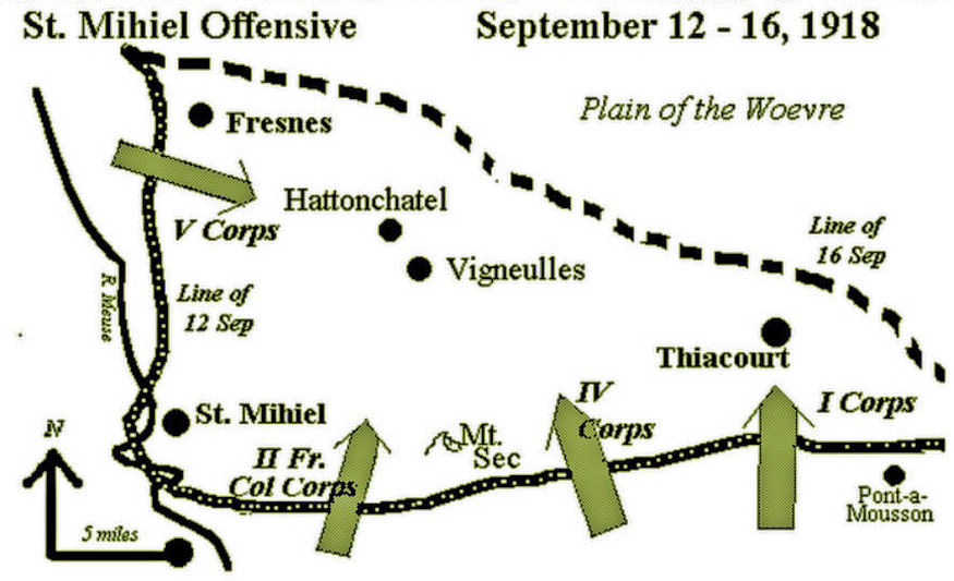 Simplified hand-drawn map, in black and green, of the St. Mihiel salient, showing the locations of the villages of St. Mihiel, Thiaucourt, Vigneulles, Hattonchatel, and Fresnes, with the approximate starting points of the American I and IV Corps and the French II Corps, and their directions of movement from the starting line on September 12, 1918 and the line as of September 16 of that year.